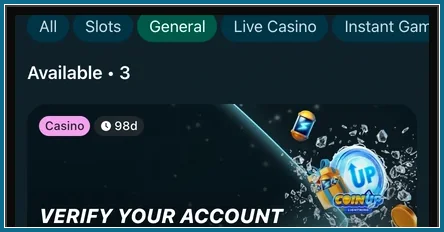 Obere Filterleiste und Beginn einer Aktionskarte mit Verify your account