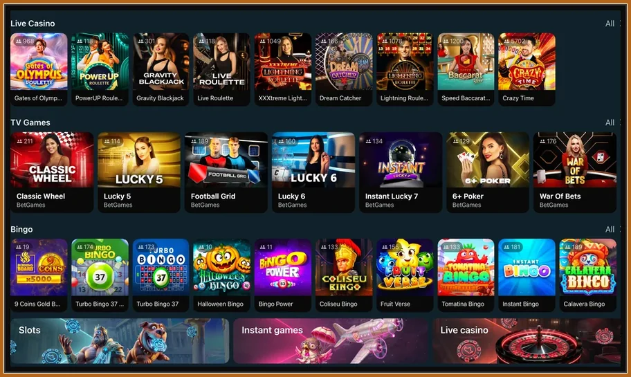Lobby mit Live Casino, TV Games und Bingo, darunter Crazy Time und Classic Wheel