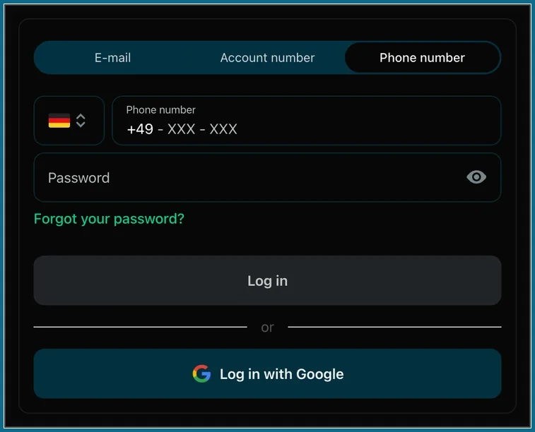 Login-Formular mit Phone number, Vorwahl +49, Password und Log in with Google