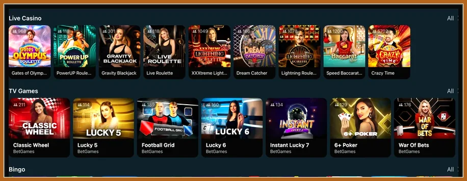 Mobile Lobby mit Live Casino, TV Games und Gates of Olympus Roulette