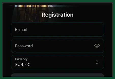 Oberer Teil des Registration-Formulars mit E-mail, Password und Währungsfeld EUR