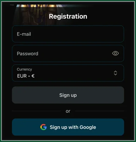 Registrierungsformular mit E-mail, Password, Währung EUR und Sign up with Google