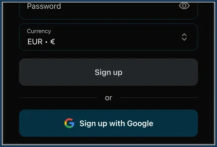 Unterer Teil der Registrierung mit Password, Währung EUR und Sign up