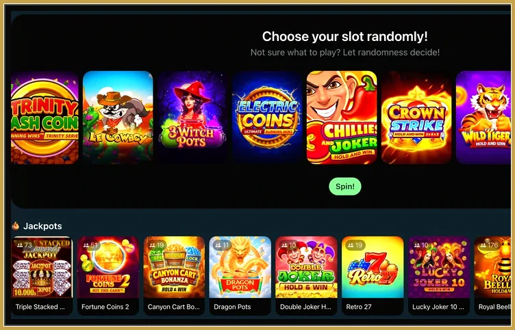 Karussell Choose your slot randomly mit Chillies and Joker, Crown Strike und Jackpots-Reihe