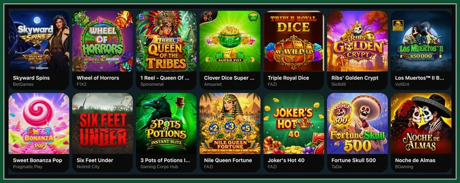 Zwei Reihen Slot-Kacheln mit Anbieternamen wie Pragmatic Play, Nolimit City und BGaming