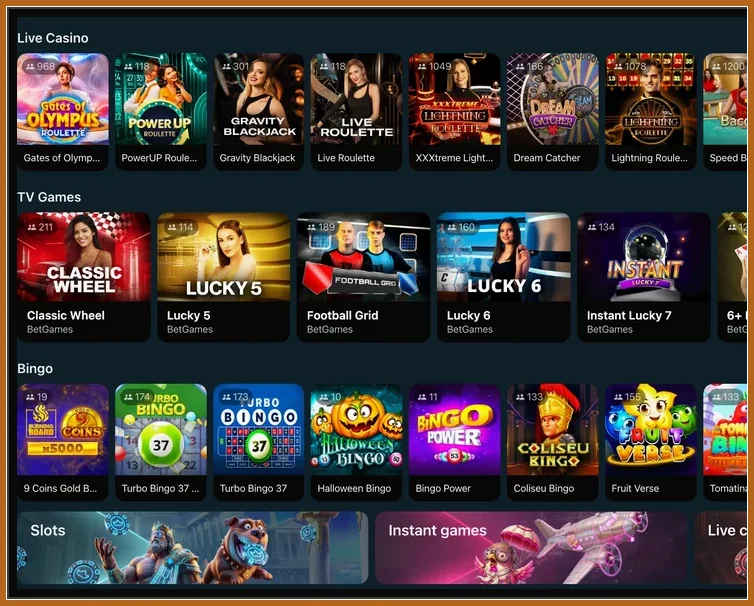 Lobby-Ausschnitt mit Live Casino, TV Games, Bingo und Banner-Kacheln