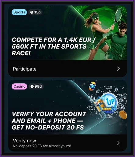 Zwei Aktionskarten: Sports-Race mit Tennisspielern und Casino-Verifizierungsbanner mit Buttons Participate und Verify now