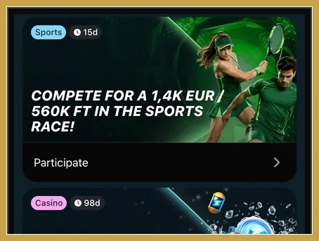 Sports-Aktionskarte mit Tennisspielern, Text 1,4K EUR und Button Participate, darunter Casino-Karte