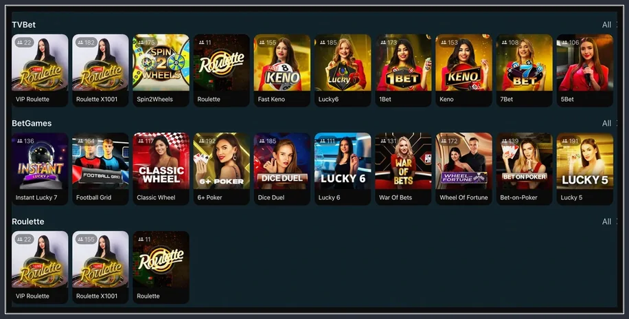 Live-Kategorien TVBet, BetGames und Roulette mit Keno, Football Grid, Dice Duel und VIP Roulette