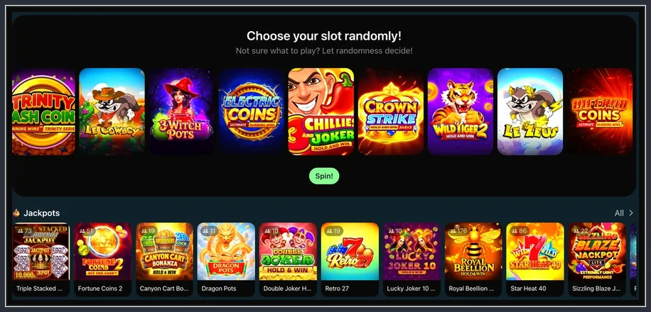 Zufallsslot-Karussell mit Spin-Button und Jackpots-Reihe, etwa Fortune Coins 2 und Retro 27
